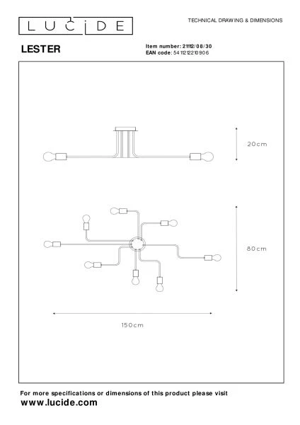 Lucide LESTER - Flush ceiling light - 8xE27 - Black - technical